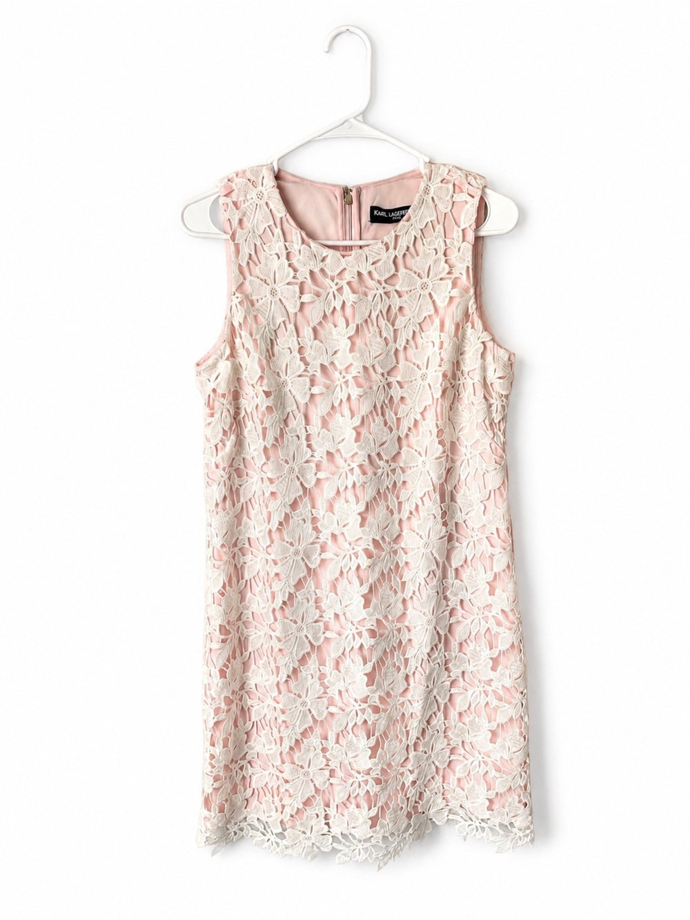 Karl Lagerfeld Paris Blush Pink Ivory Floral Lace Sleeveless Shift Dress Size 8